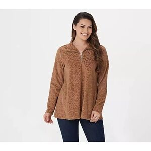 Susan Graver Weekend Burnout Jacquard Knit Half Zip Top Womens XL True Taupe NEW